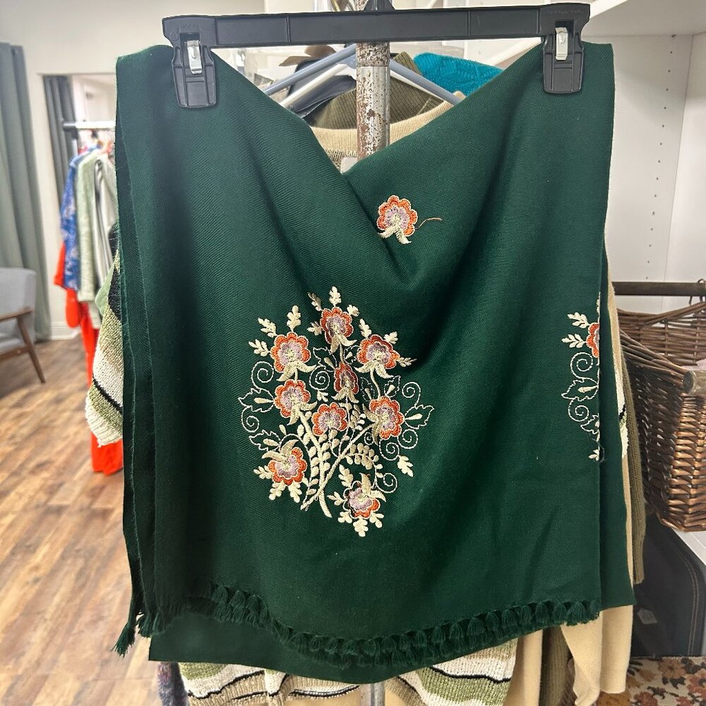Green Floral Embroidered Sari Scarf